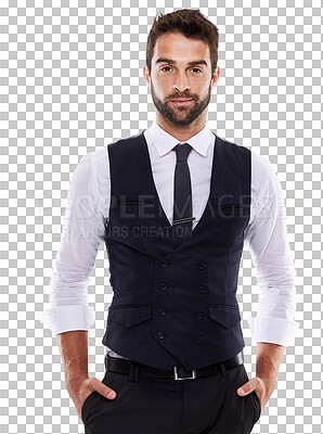 Buy stock photo Portrait, fashion and business man standing isolated on a transparent png background. Serious, confidence and handsome model and professional from Canada in stylish, trendy or classy clothes.