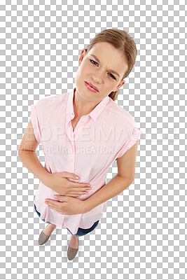 Buy stock photo Stomach ache, pain and health problem of a woman isolated on a transparent, png background. Female model person with constipation, digestion or colon cancer risk with hands on abdomen for gut health