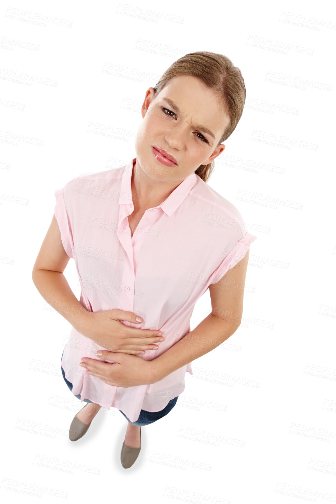 Buy stock photo Stomach ache, pain and health problem of a woman isolated on a transparent, png background. Female model person with constipation, digestion or colon cancer risk with hands on abdomen for gut health