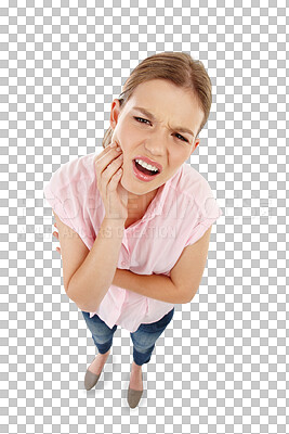 Buy stock photo Toothache, above and a portrait of a woman with pain from a cavity, problem teeth and jaw. Sad, health and a girl touching mouth for gum inflammation isolated on a transparent png background