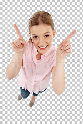 Buy stock photo Happy woman, portrait smile and hands pointing up for news isolated on a transparent PNG background. Female person or model smiling in casual fashion clothing showing notification or alert for ideas