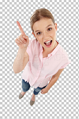 Buy stock photo Top view, pointing and woman excited, portrait and opportunity isolated on a transparent background. Face, female person and model with direction, wow and choice with png, promotion and solution