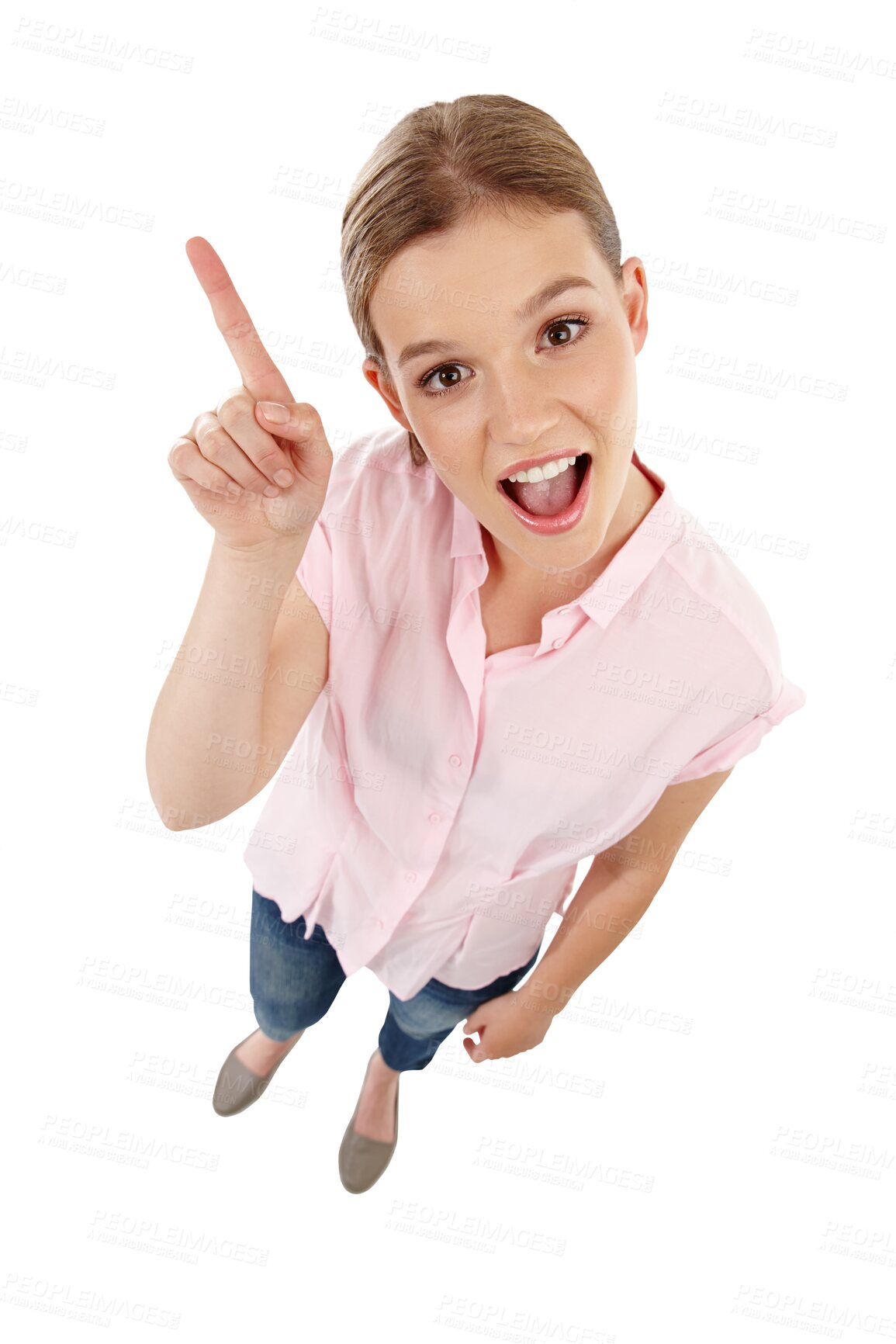 Buy stock photo Top view, pointing and woman excited, portrait and opportunity isolated on a transparent background. Face, female person and model with direction, wow and choice with png, promotion and solution