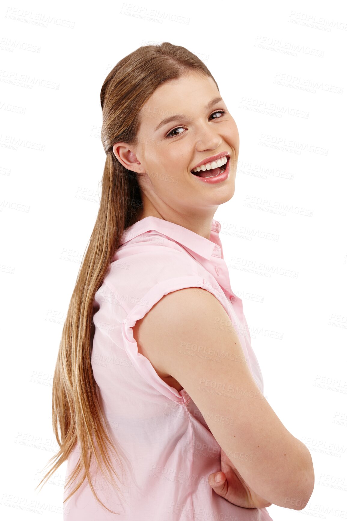 Buy stock photo Isolated woman, arms crossed and smile in portrait with excited face, fashion and transparent png background. Girl, gen z student or young female model with happiness, casual clothes and beautiful