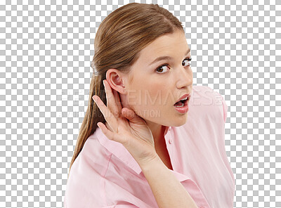 Buy stock photo Portrait, hand and ear with a woman listening to gossip or news isolated on a transparent background. Privacy, secret and hearing with an attractive young woman looking curious or inquisitive on PNG