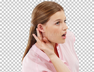 Buy stock photo Wtf, hand and ear with a woman hearing to gossip or news isolated on a transparent background. Privacy, secret and listening with an attractive young woman trying to hear while looking curious on PNG