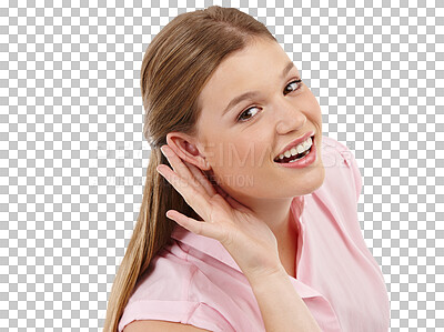 Buy stock photo Portrait, hand and ear with a woman hearing gossip or news isolated on a transparent background. Privacy, secret and listening with an attractive young woman looking curious or inquisitive on PNG