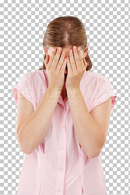 Buy stock photo Woman, sad and cover face with upset with anxiety in png with isolated in transparent background with crying. Stress, problem and cry at news with hands or depression or sorry and emotions or fear.