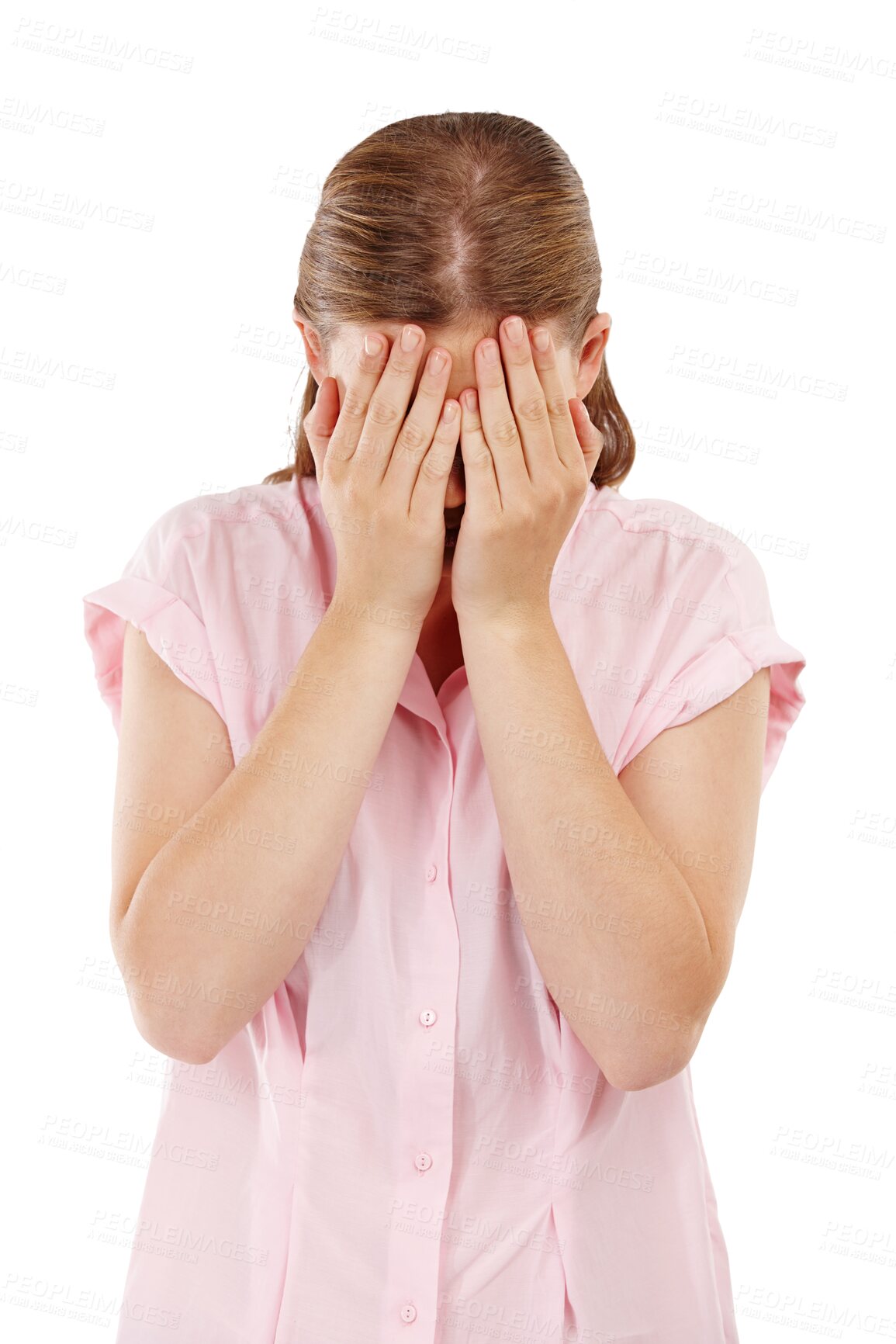 Buy stock photo Woman, sad and cover face with upset with anxiety in png with isolated in transparent background with crying. Stress, problem and cry at news with hands or depression or sorry and emotions or fear.