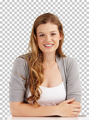 Buy stock photo Happy, smile and face of a young woman isolated on a transparent, png background. Portrait of a female model person or student with a positive mindset, natural beauty and casual style clothes