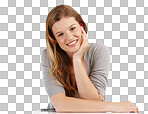 A portrait of a young relaxed girl with her head in her hand. A stylish blonde teenager smiling confidently with her perfect white teeth after a dentist consultation isolated on a png background
