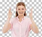 Studio portrait of an attractive young woman gesturing towards size against a isolated on a png background