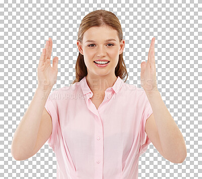 Buy stock photo Happy, portrait and woman with a measurement gesture for comparison with confidence and positive mindset. Happiness, smile and female person with size hand sign isolated by transparent png background