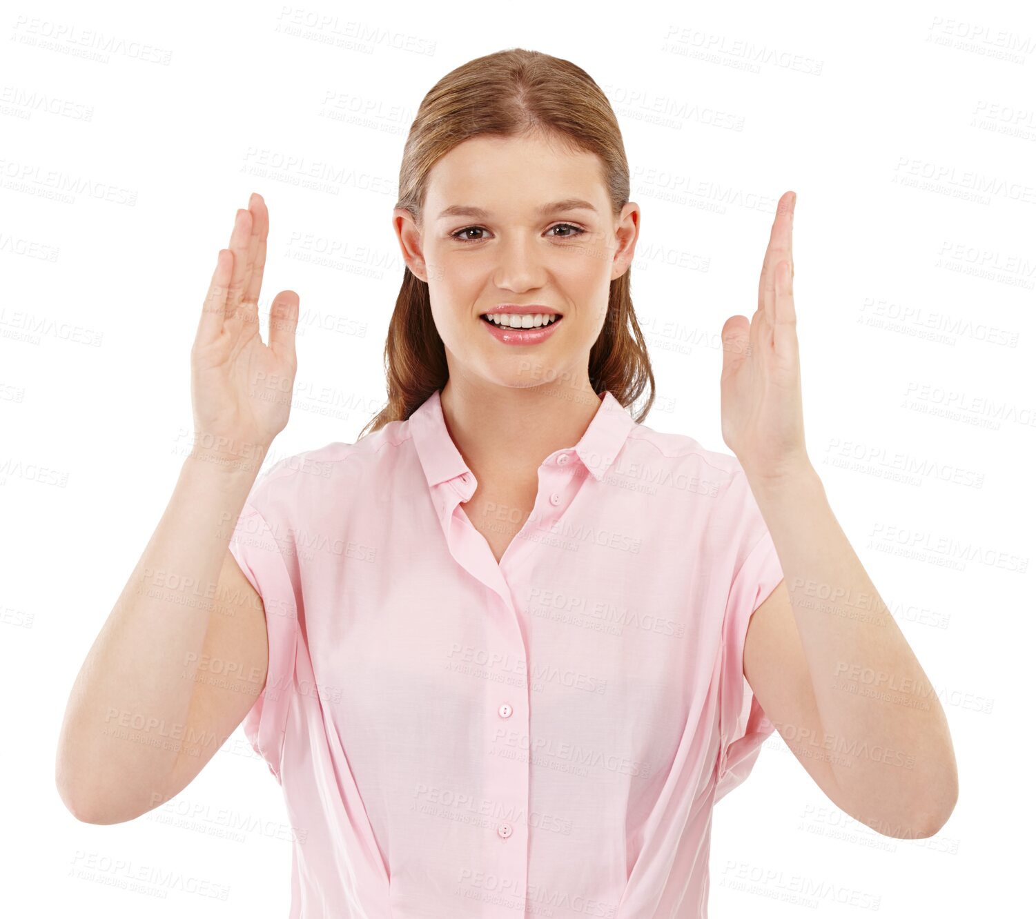 Buy stock photo Happy, portrait and woman with a measurement gesture for comparison with confidence and positive mindset. Happiness, smile and female person with size hand sign isolated by transparent png background