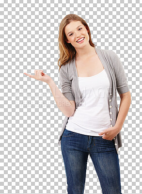 Buy stock photo Portrait, pointing and information with a woman isolated on transparent background for marketing or advertising. Smile, announcement or hand gesture with a happy young female brand ambassador on PNG