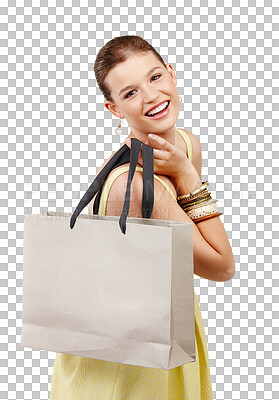 Buy stock photo Happy woman, portrait smile and shopping bag in sale or discount isolated on a transparent PNG background. Female person, model or shopper smiling with gift for luxury buy, payment or fashion sales