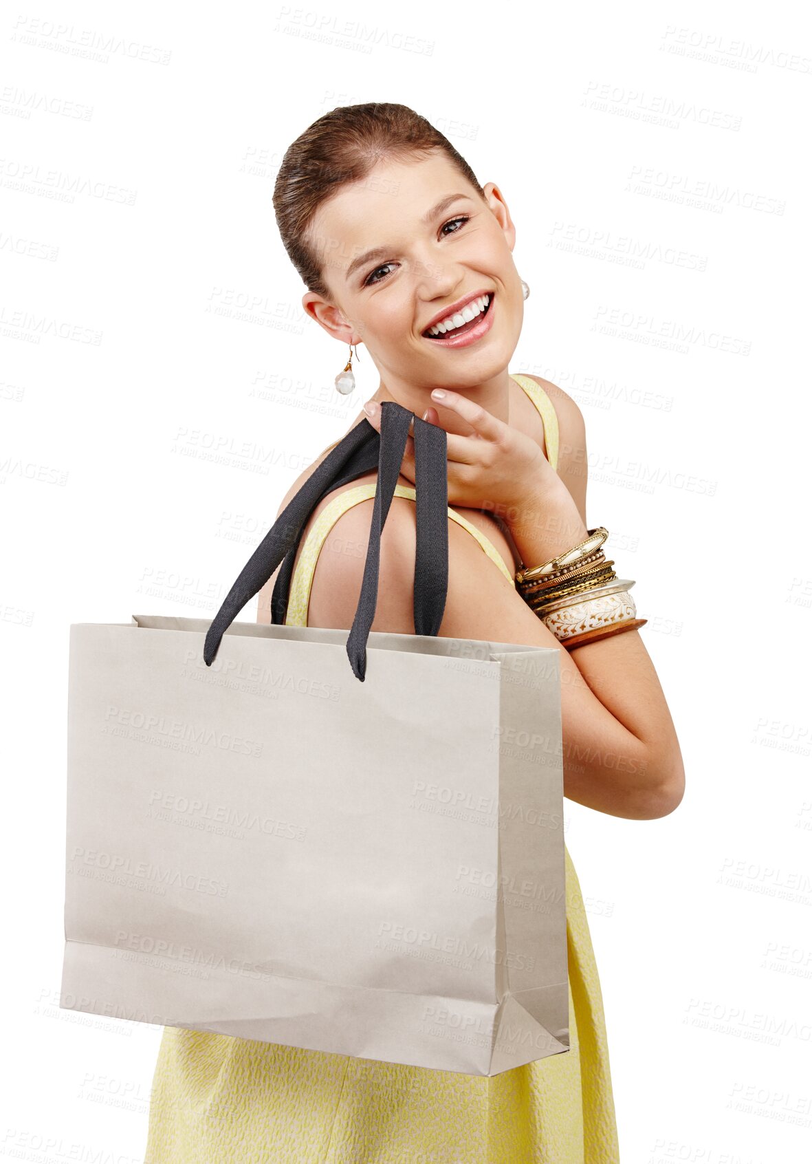 Buy stock photo Happy woman, portrait smile and shopping bag in sale or discount isolated on a transparent PNG background. Female person, model or shopper smiling with gift for luxury buy, payment or fashion sales