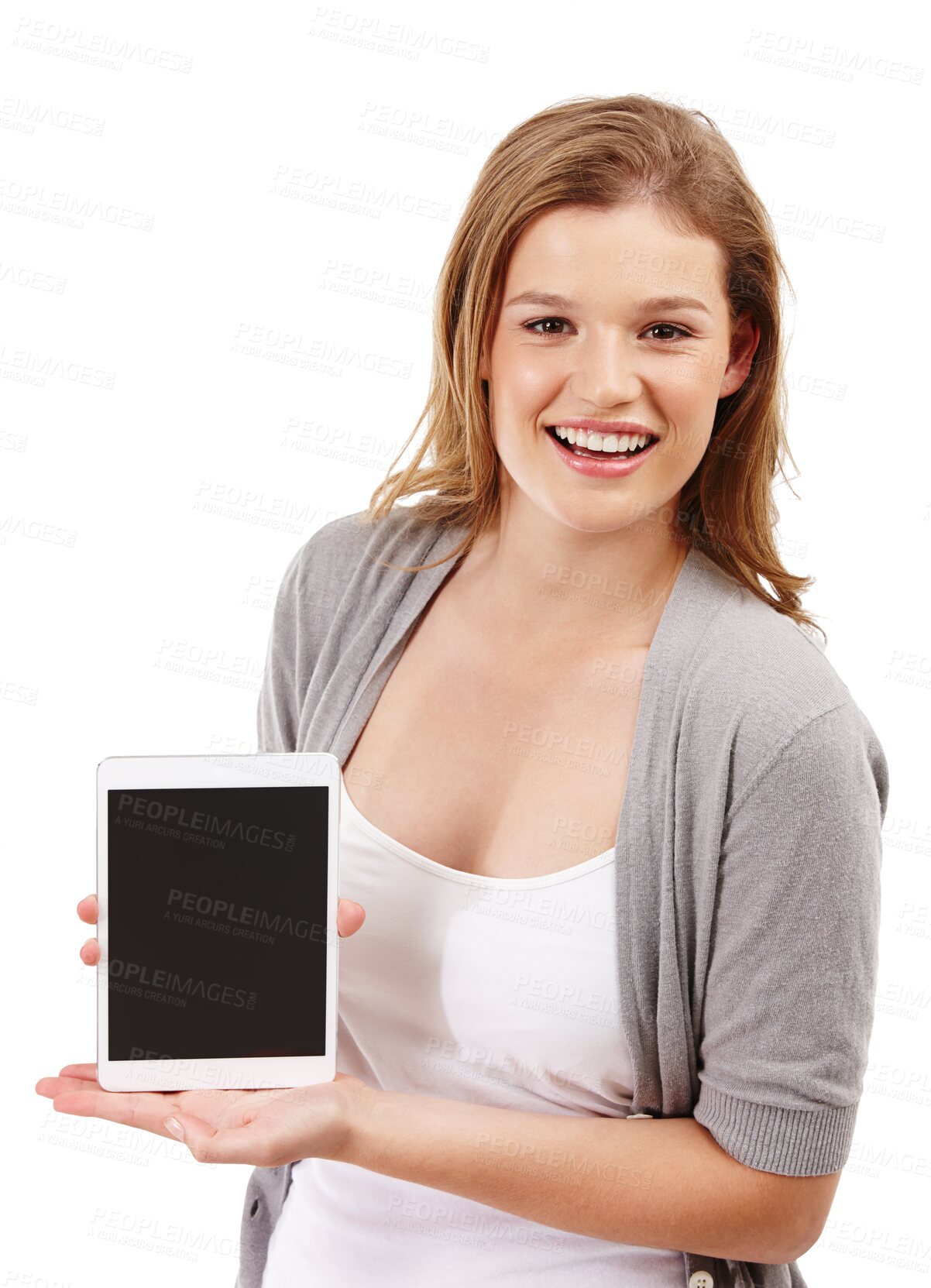 Buy stock photo Tablet screen, portrait and woman with presentation of technology, internet service or app. Smile, promotion and a young girl or employee with tech for web isolated on a transparent png background