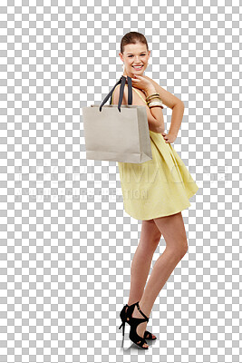 Buy stock photo Teen girl with shopping bag, fashion and retail in portrait with glamour and smile isolated on transparent png background. Young female model with designer clothes, commercial and posing with style