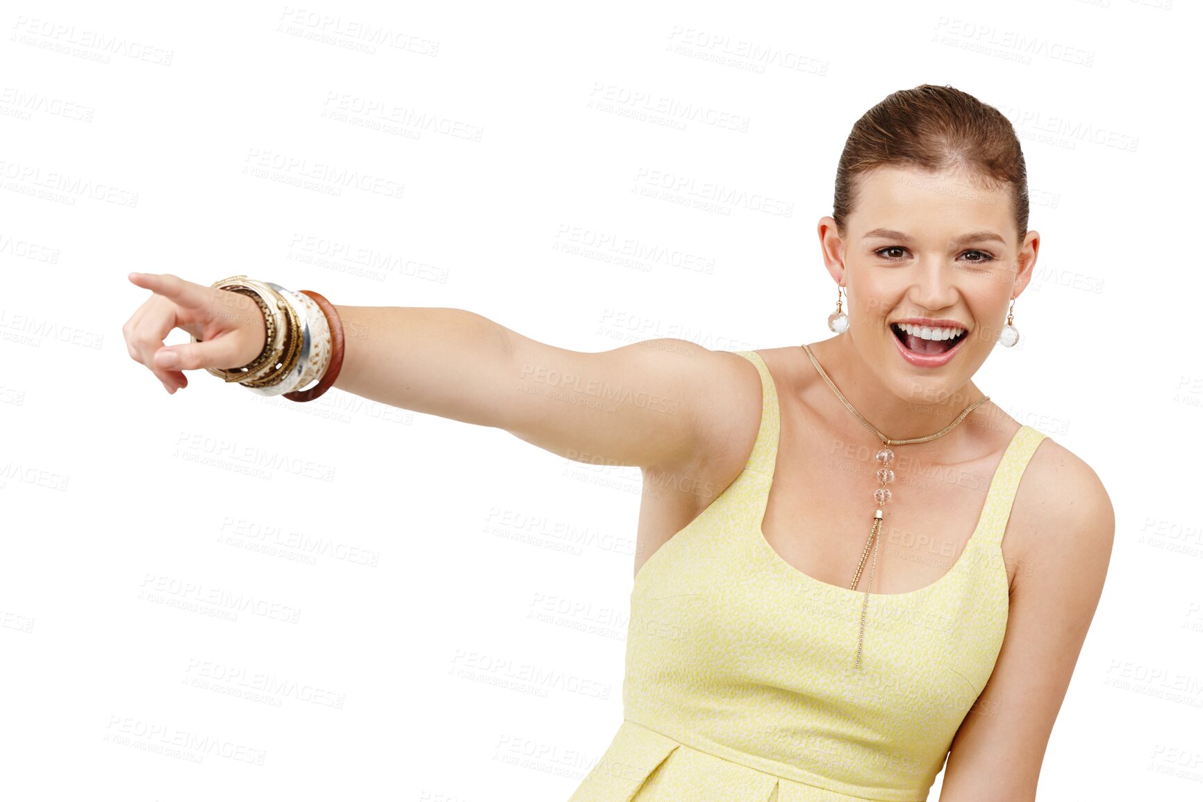 Buy stock photo Portrait, pointing and announcement with a woman isolated on transparent background for marketing or advertising. Smile, information or gesture with an excited young female brand ambassador on PNG