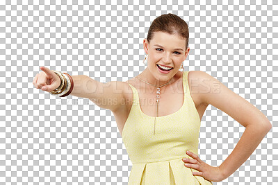 Buy stock photo Portrait, pointing and information with an excited woman isolated on transparent background for marketing or advertising. Smile, announcement or selection with a happy young brand ambassador on PNG