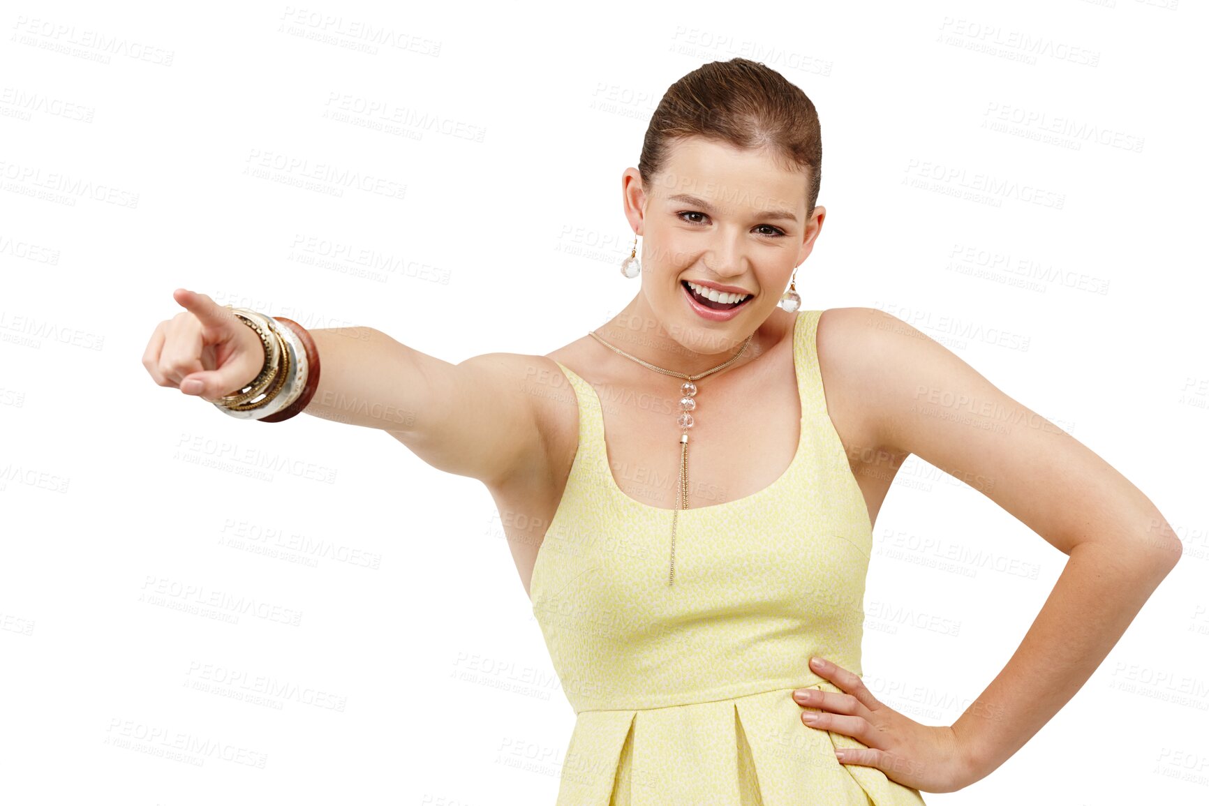 Buy stock photo Portrait, pointing and information with an excited woman isolated on transparent background for marketing or advertising. Smile, announcement or selection with a happy young brand ambassador on PNG