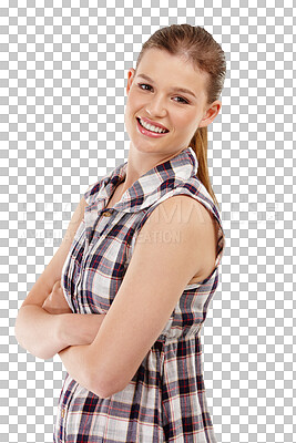 Buy stock photo Happy, arms crossed and face of a young woman isolated on a transparent, png background. Portrait of a female model person or student with a positive mindset, natural beauty and casual style clothes