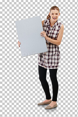 Buy stock photo Isolated woman, portrait and blank poster with excited face, mockup space or transparent png background. Girl, gen z student or model with billboard, vote or mock up for promotion, review or opinion