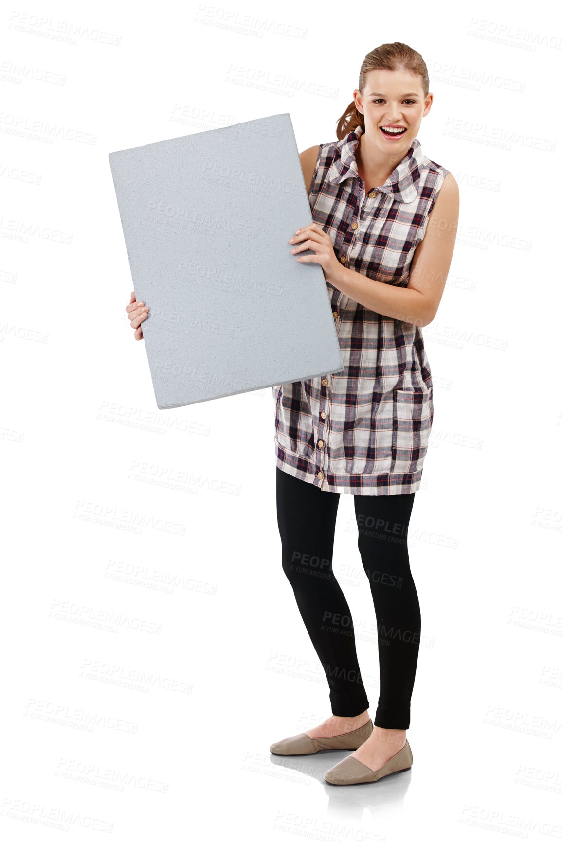 Buy stock photo Isolated woman, portrait and blank poster with excited face, mockup space or transparent png background. Girl, gen z student or model with billboard, vote or mock up for promotion, review or opinion