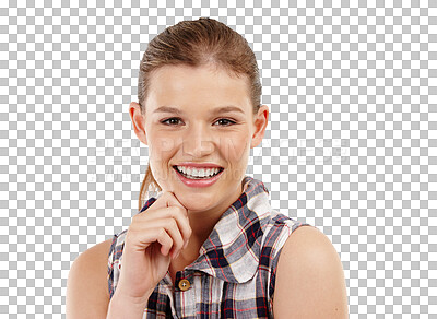 Buy stock photo Happy, smile and face of a young woman isolated on a transparent, png background. Portrait of a female model person or student from Sweden with a positive mindset, natural beauty and casual style