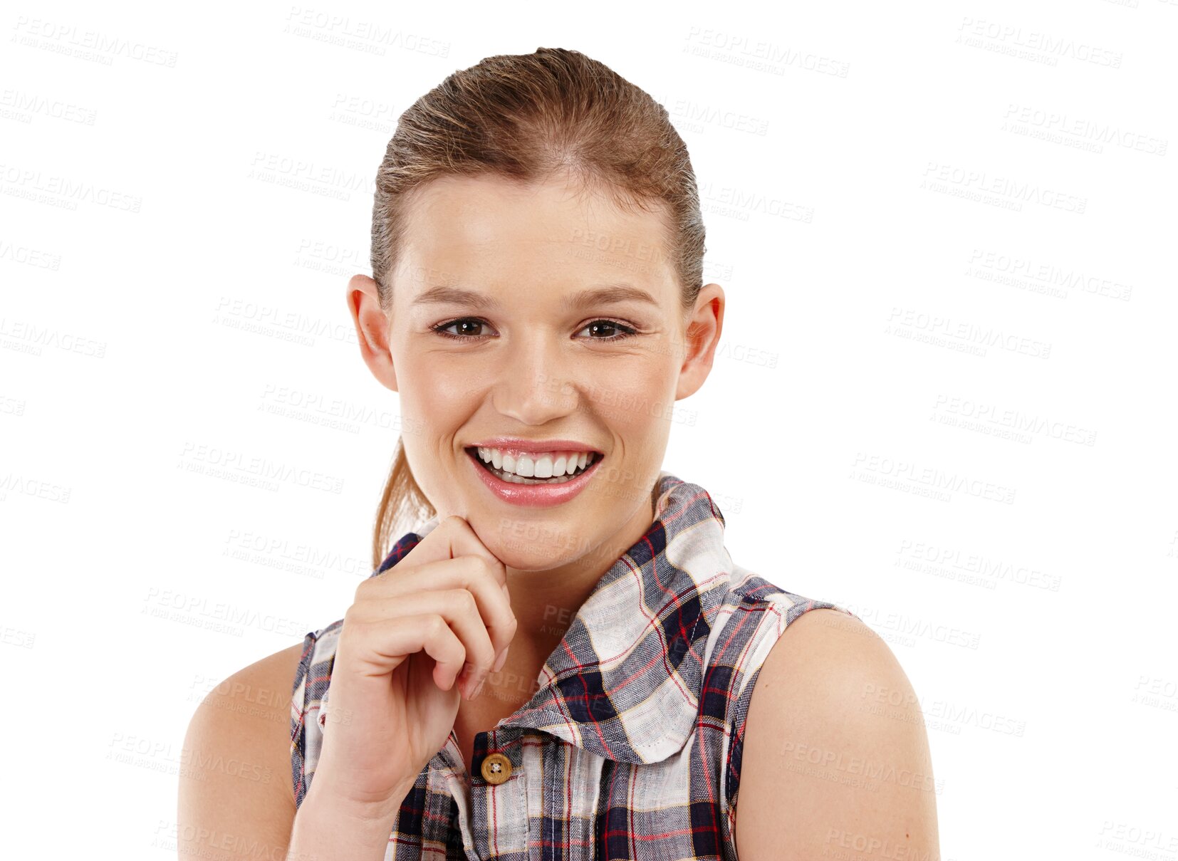 Buy stock photo Happy, smile and face of a young woman isolated on a transparent, png background. Portrait of a female model person or student from Sweden with a positive mindset, natural beauty and casual style