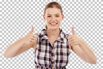 Buy stock photo Thumbs up, portrait and teen girl smile, success and positive feedback isolated on transparent png background. Young female person with hand gesture, like emoji and yes, thank you and congratulations