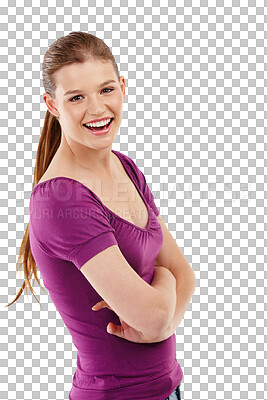 Buy stock photo Happy, arms crossed and a young woman laughing isolated on a transparent, png background. Portrait of a female student person from Sweden with a positive mindset, natural beauty and casual style