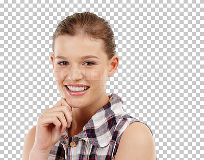 Buy stock photo Smile, happy and face of a young woman isolated on a transparent, png background. Portrait of a female model person or student from Sweden with a positive mindset, natural beauty and casual style