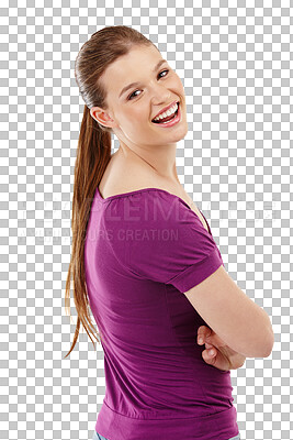 Buy stock photo Shoulder, girl and back smile with portrait in png with transparent and isolated background with happy. Teenager, face and happiness with confidence and beauty or excited or playful or positivity.