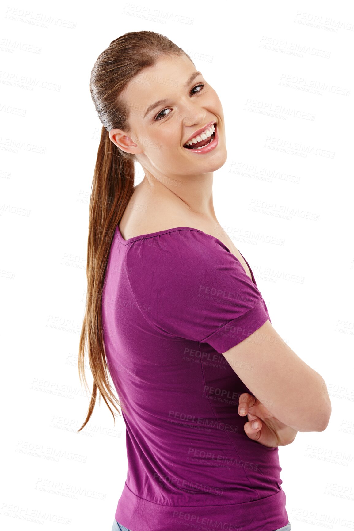 Buy stock photo Shoulder, girl and back smile with portrait in png with transparent and isolated background with happy. Teenager, face and happiness with confidence and beauty or excited or playful or positivity.