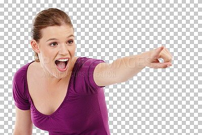 Buy stock photo Excited, pointing and woman with selection, opportunity and happy girl isolated on a transparent background. Choice, female person or model with hand gesture, promotion and png with support and emoji