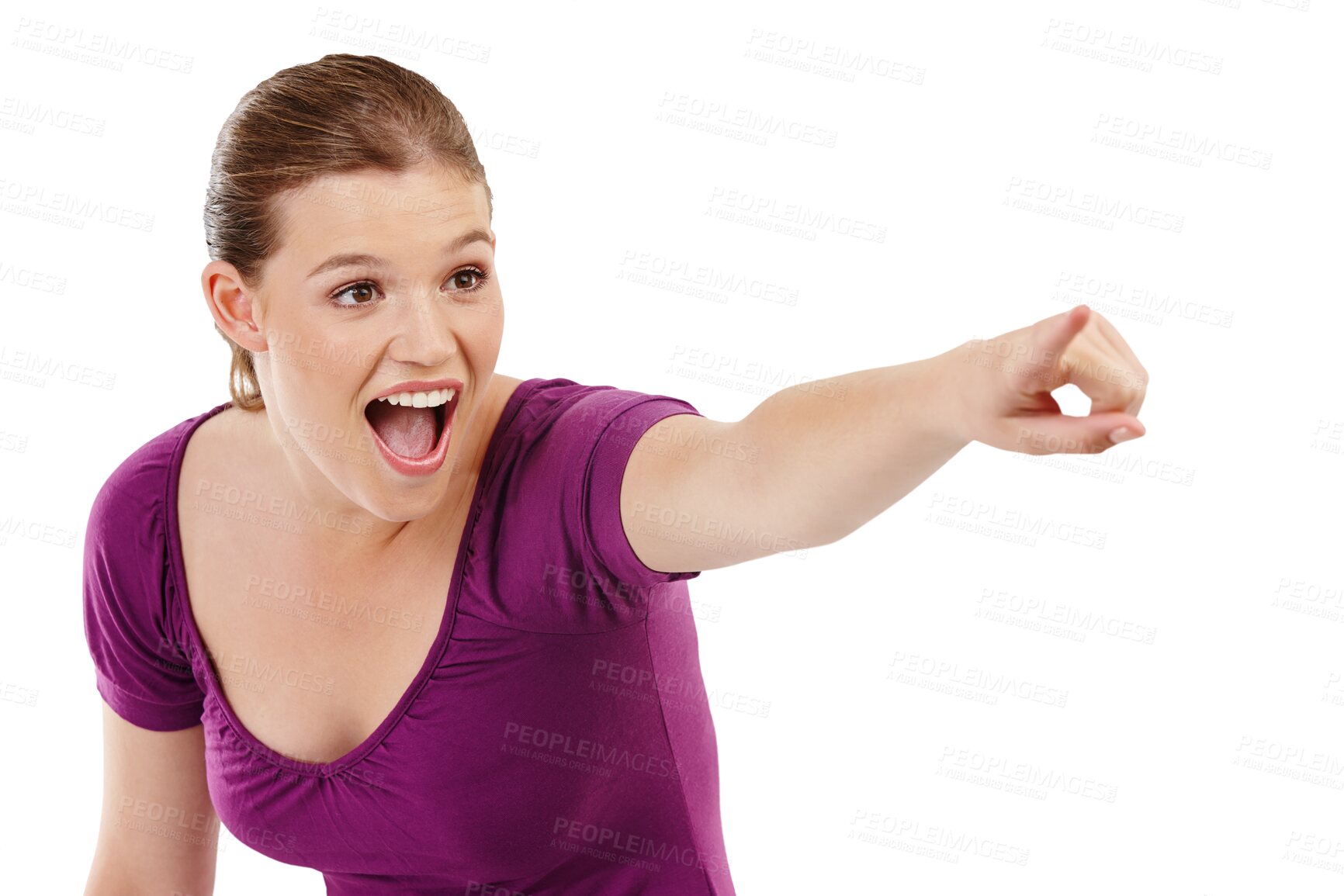 Buy stock photo Excited, pointing and woman with selection, opportunity and happy girl isolated on a transparent background. Choice, female person or model with hand gesture, promotion and png with support and emoji