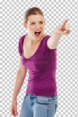 Buy stock photo Portrait, pointing and woman with an opportunity, surprise and announcement isolated on a transparent background. Face, female person and model shocked, promotion and choice with png and decision