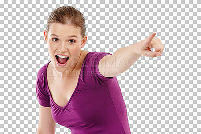 Buy stock photo Portrait, point and information with a woman isolated on transparent background for marketing or advertising. Smile, announcement or hand gesture with an excited young female brand ambassador on PNG