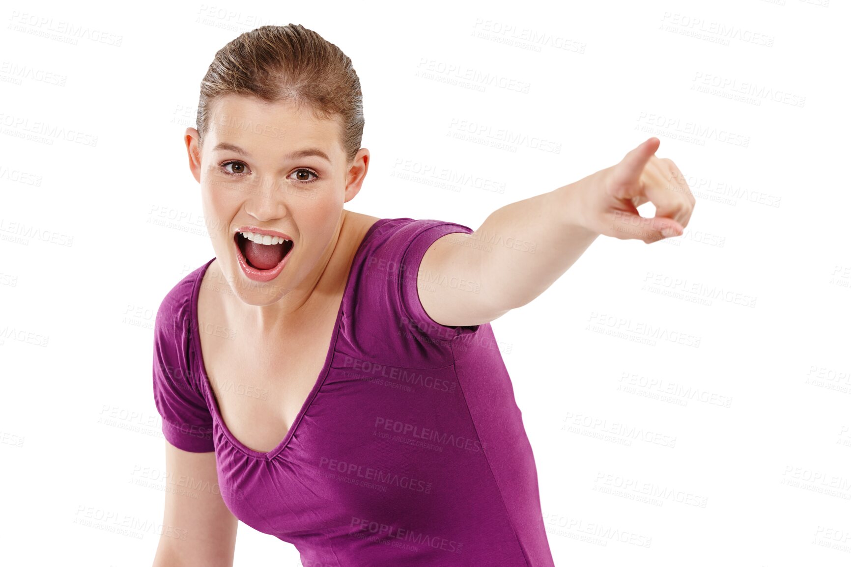 Buy stock photo Portrait, point and information with a woman isolated on transparent background for marketing or advertising. Smile, announcement or hand gesture with an excited young female brand ambassador on PNG