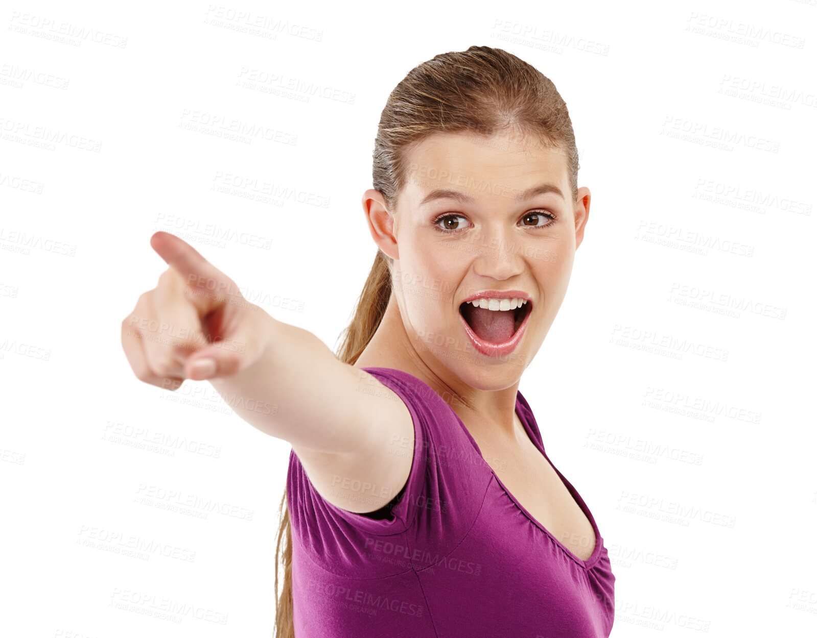 Buy stock photo Portrait, pointing and woman excited, surprise and excited girl isolated on a transparent background. Face, female person or model with hand, wow promotion and opportunity with sale, deal and png