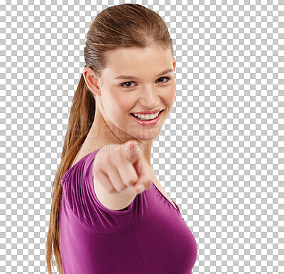 Buy stock photo Portrait, smile and woman with motivation, pointing to you and excited girl isolated on a transparent background. Face, female person or confident model with selection, promotion and support with png