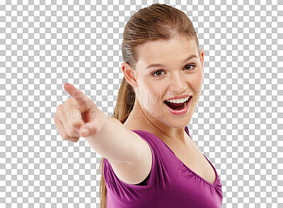 Buy stock photo Portrait, pointing and smile with a woman isolated on transparent background for direction or sales notification. Face, announcement or gesture with an excited young female brand ambassador on PNG