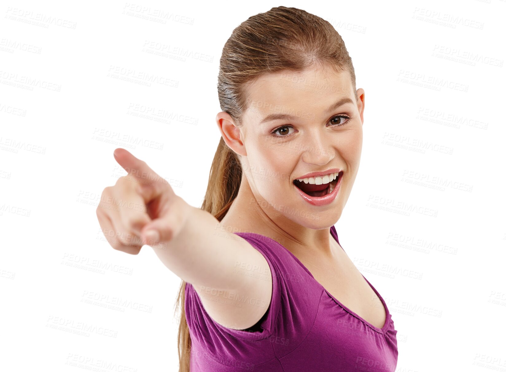 Buy stock photo Portrait, pointing and smile with a woman isolated on transparent background for direction or sales notification. Face, announcement or gesture with an excited young female brand ambassador on PNG