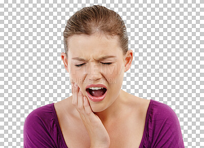 Buy stock photo Toothache, pain and woman with a cavity, dental hygiene and facial expression isolated on a transparent background. Female person, medical issue or model with oral care, plaque and png with a problem