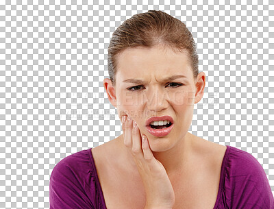 Buy stock photo Face touch, pain and woman with toothache isolated on a transparent png background. Portrait, dental injury and sick person with gum disease problem, teeth cavity or frustrated with medical emergency