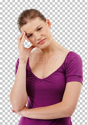 Buy stock photo Girl with headache, pain and stress with brain fog, teenager problem or health emergency isolated on transparent png background. Young female teen with adolescent crisis, medical issue or anxiety