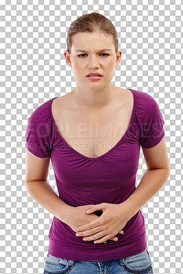 Buy stock photo Stomach ache, pain and woman with health problem isolated on transparent, png background. Portrait of frustrated person with constipation, digestion or colon cancer risk and hands on abdomen for gut