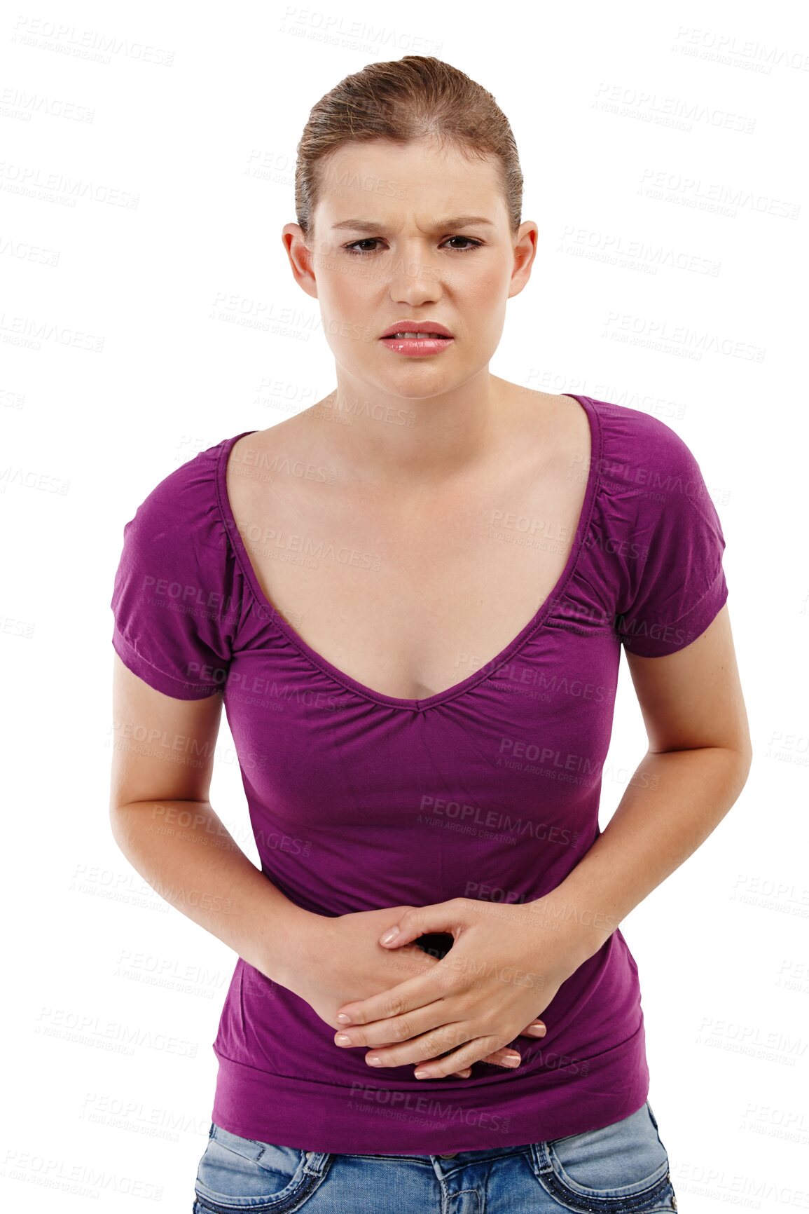 Buy stock photo Stomach ache, pain and woman with health problem isolated on transparent, png background. Portrait of frustrated person with constipation, digestion or colon cancer risk and hands on abdomen for gut